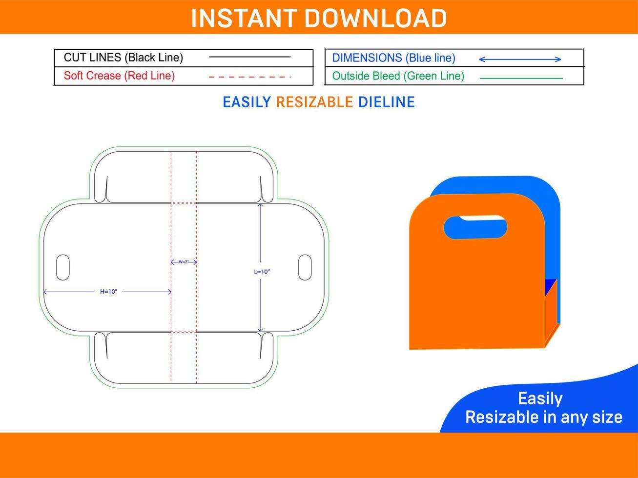 Round hand shopping bag dieline template and 3D vector file Box dieline and 3D box