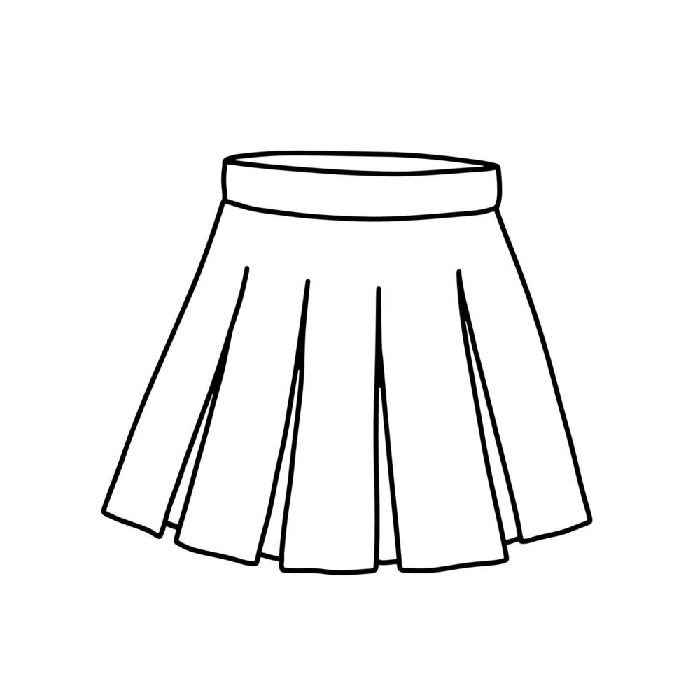 Outline sketch of short skirt for girl. Doodle skirt with pleats. Funny clothing. vector