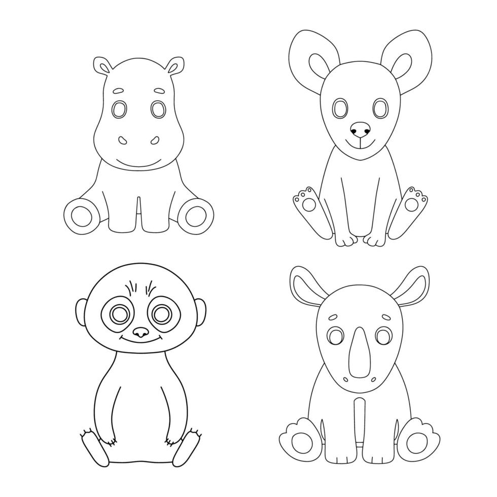 Cute baby hippo, suricata and rhino isolated on white background . Animal of Africa. Hand drawn outline illustration for coloring book. vector