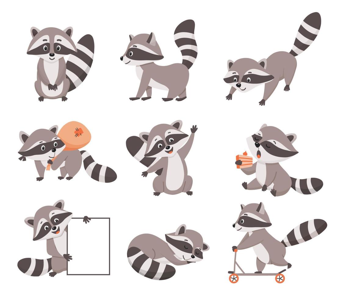 Set of cute character raccoon in different poses. Funny raccoon thief with bag and mask. Vector illustration isolated on white background