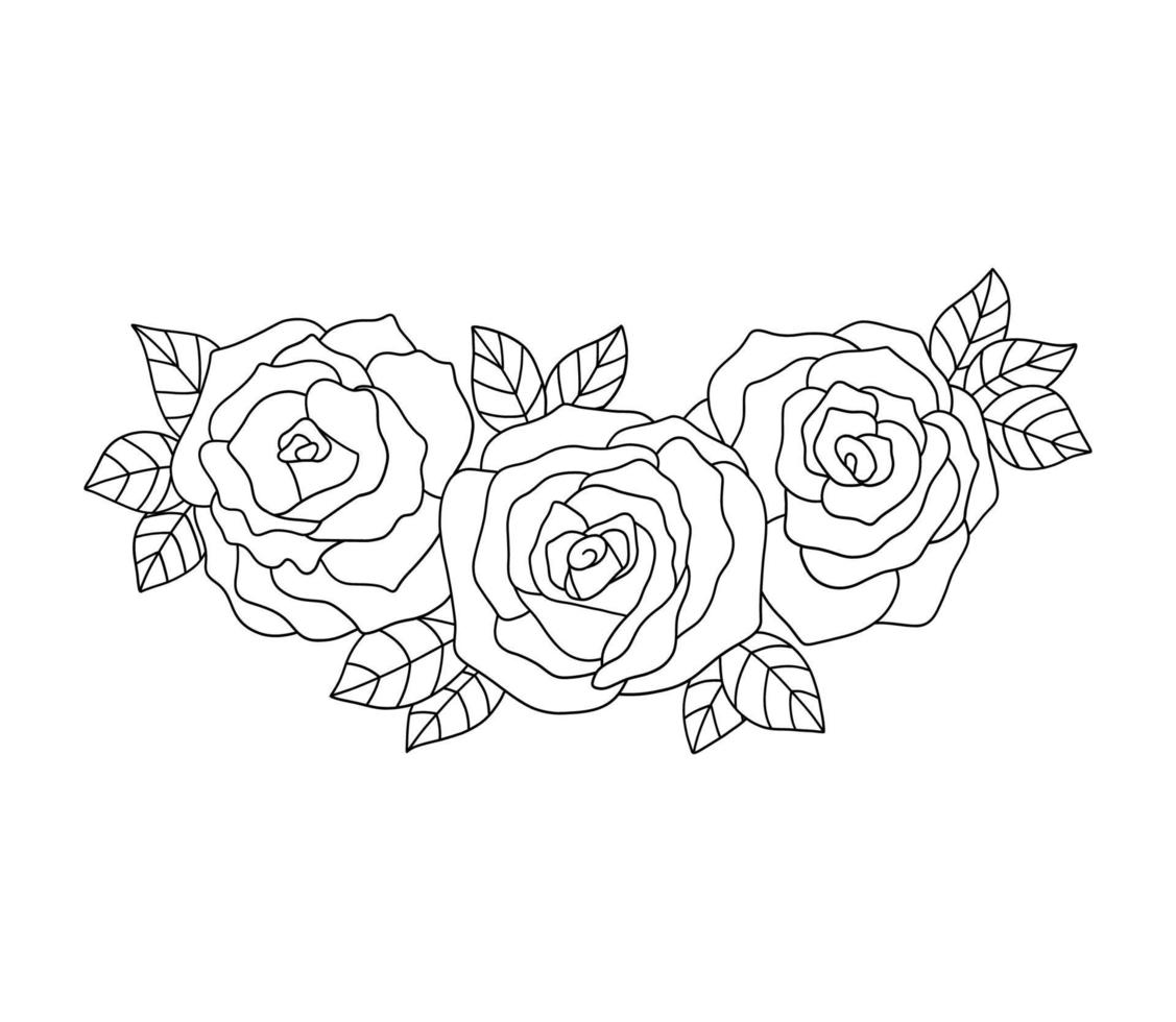 Line Roses border. Outline flowers bouquet with buds and leaves. Vector illustration isolated on white