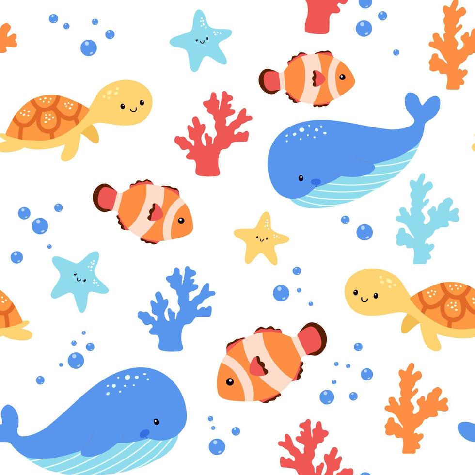 infantil sin costura modelo con mar animales en blanco. linda marina submarino fauna con tortuga, ballena y payaso pez. interminable diseño. vistoso plano dibujos animados vector caracteres