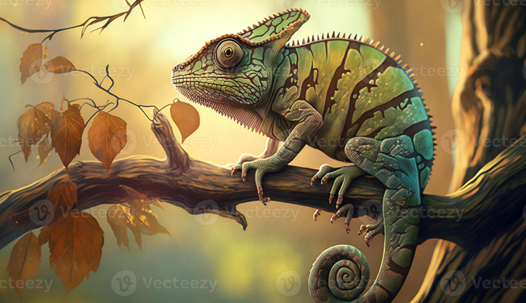 realistic illustration of a chameleon sitting on a tree , photo