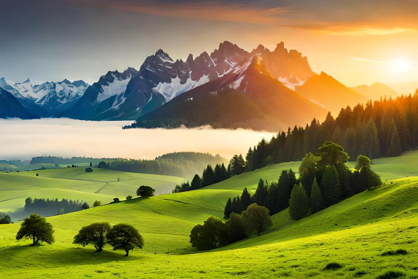 Panoramic view of the church of St. Francis of Assisi on the top of a mountain covered with fog at sunrise, Slovenia photo