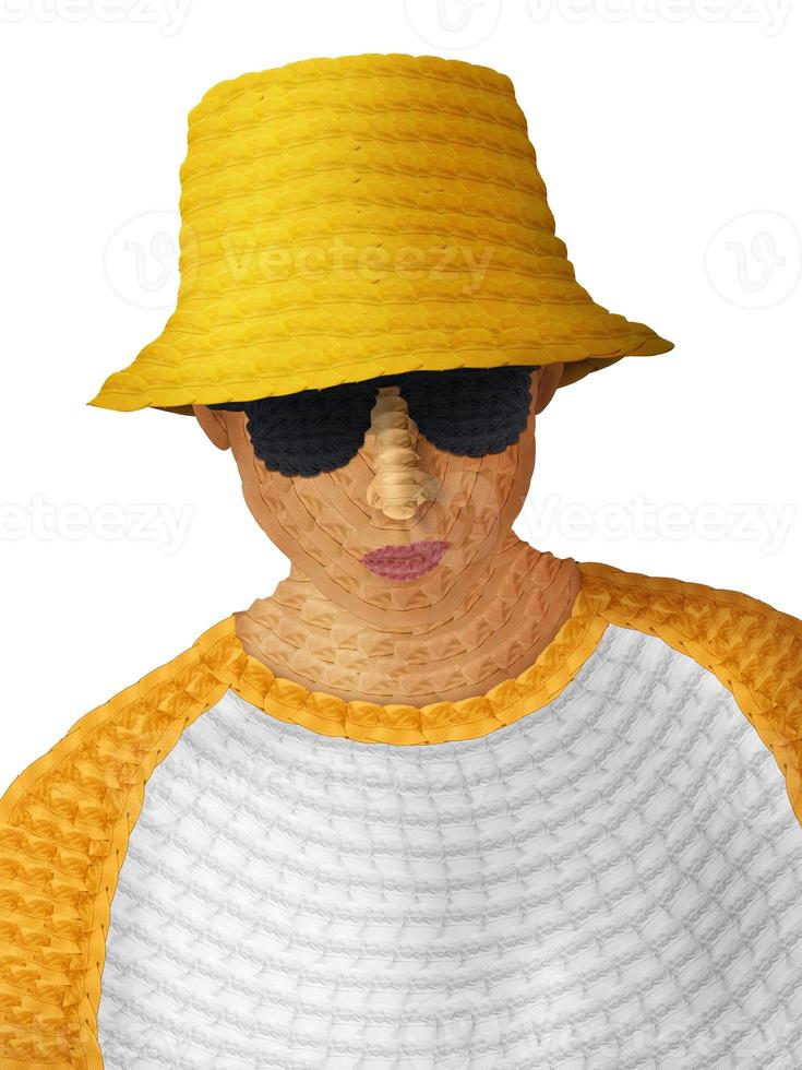 retrato de un joven hombre vistiendo negro lentes hecho desde un sombrero. vistiendo un amarillo Cubeta sombrero aislado desde el blanco antecedentes foto