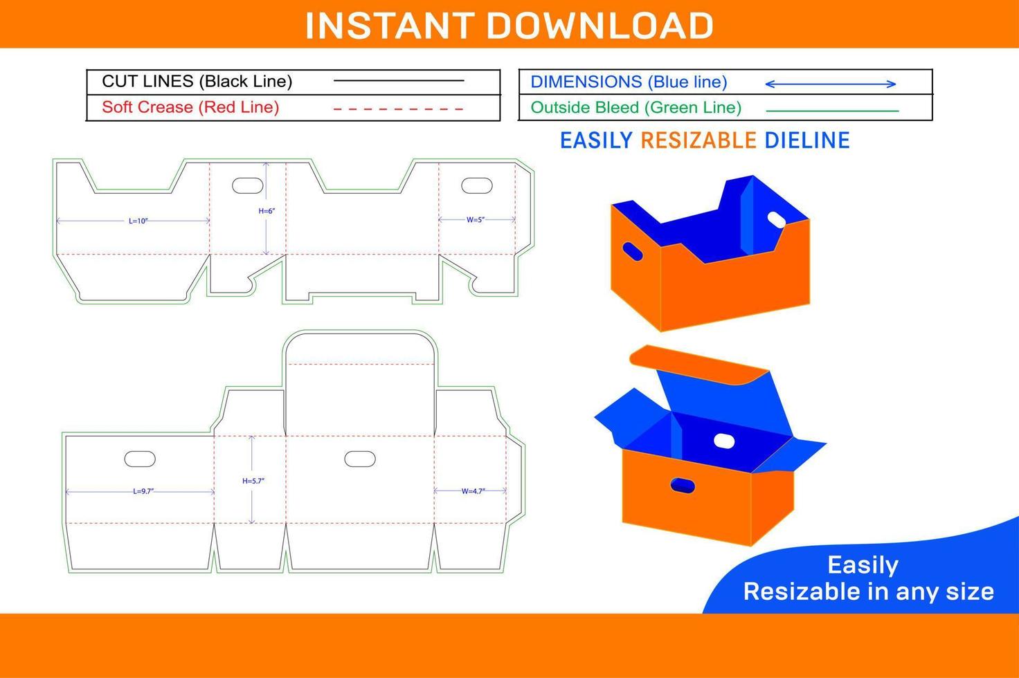 Fruits vegetables carry corrugated box dieline template and 3D vector file Box dieline and 3D box