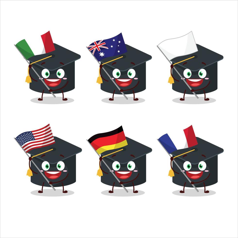 College hat cartoon character bring the flags of various countries vector