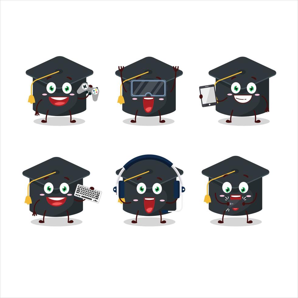 College hot cartoon character are playing games with various cute emoticons vector