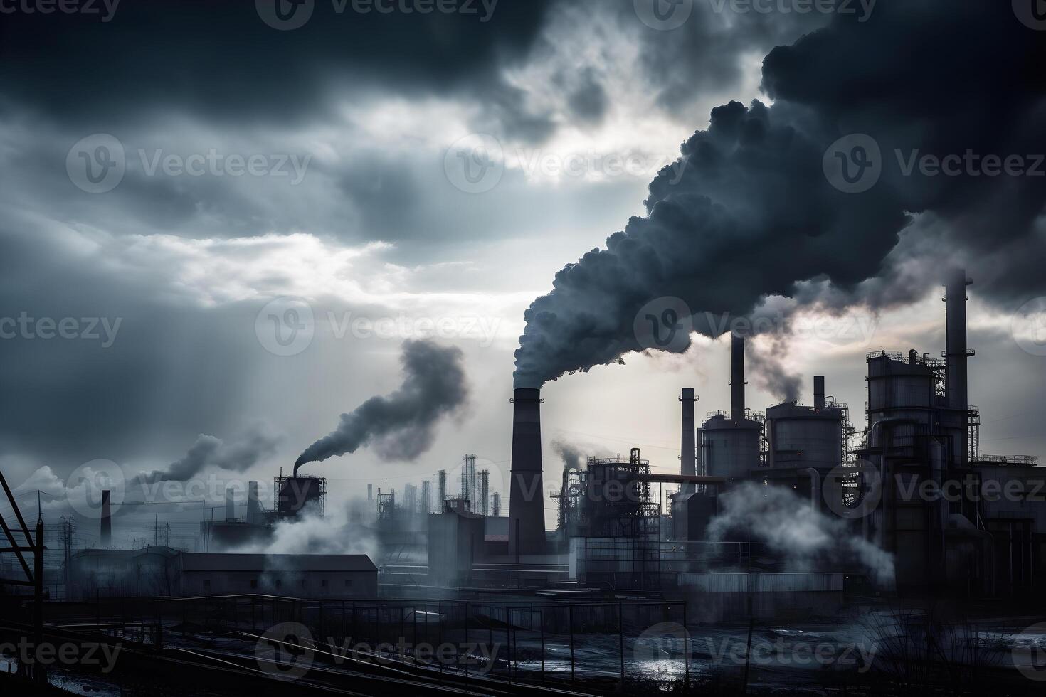 Industrial factories release exhaust fumes into the atmosphere. photo