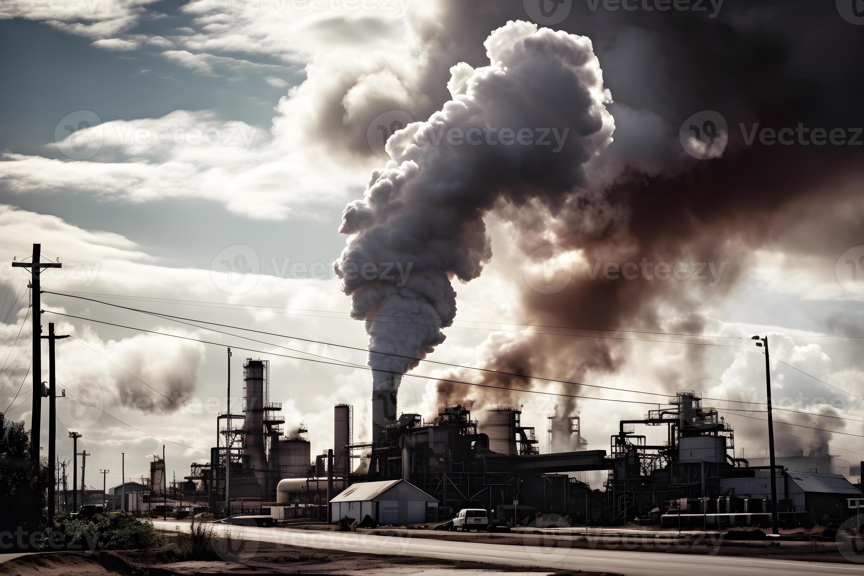 Industrial factories release exhaust fumes into the atmosphere