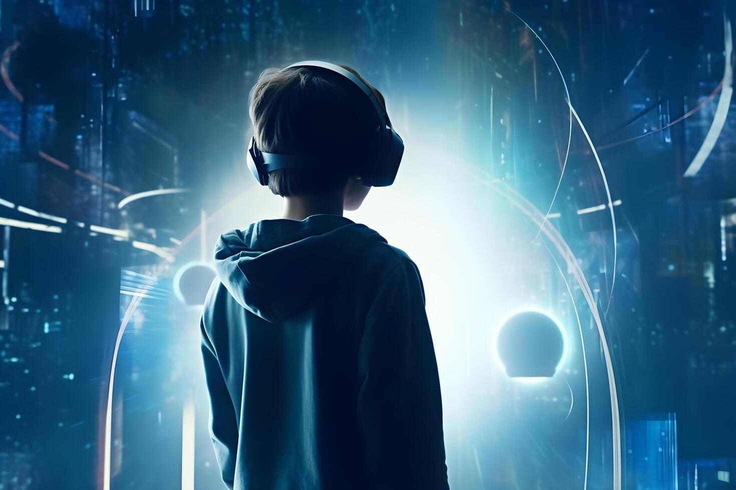 Little boy in headphones against night city background. Future and technology concept. photo