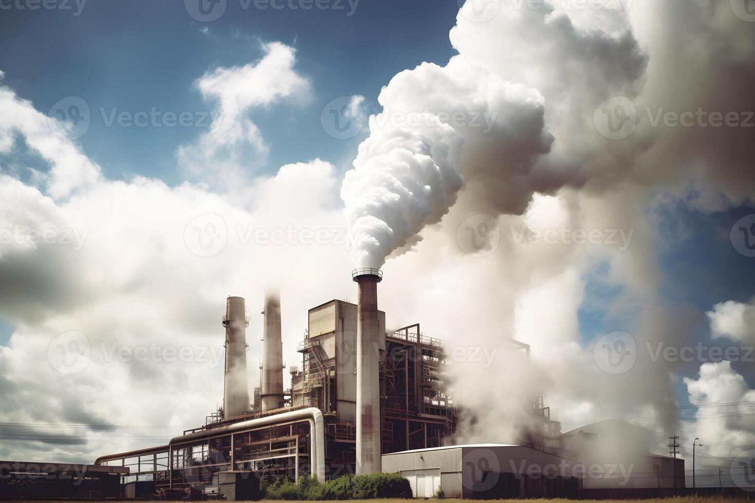Industrial factories release exhaust fumes into the atmosphere