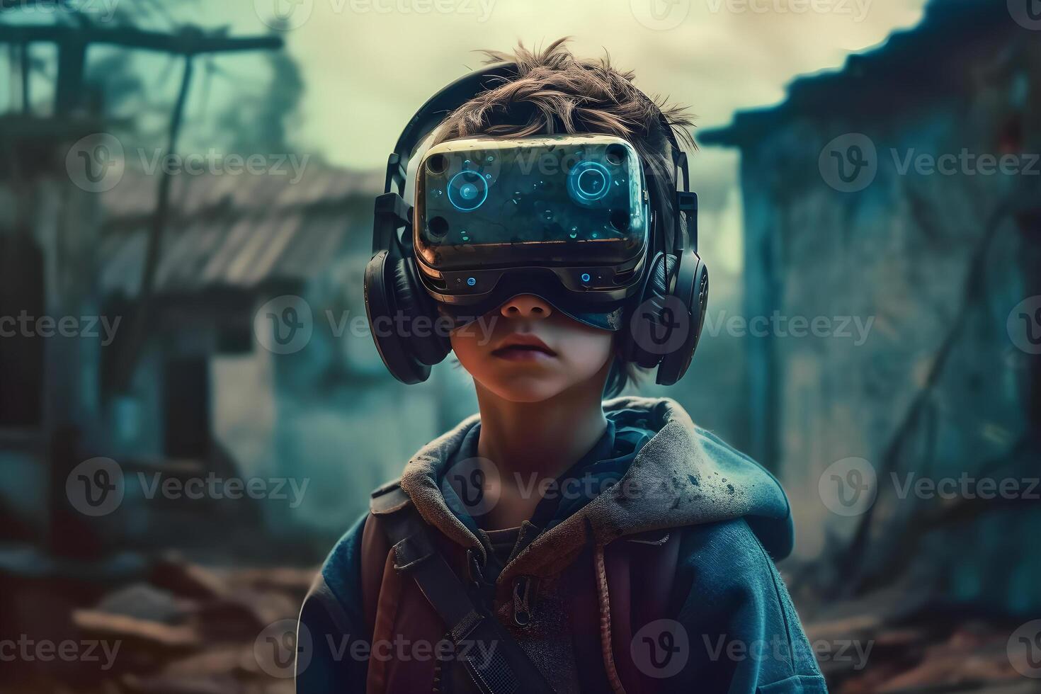 Portrait of a boy in a virtual reality helmet. The concept of virtual reality. photo