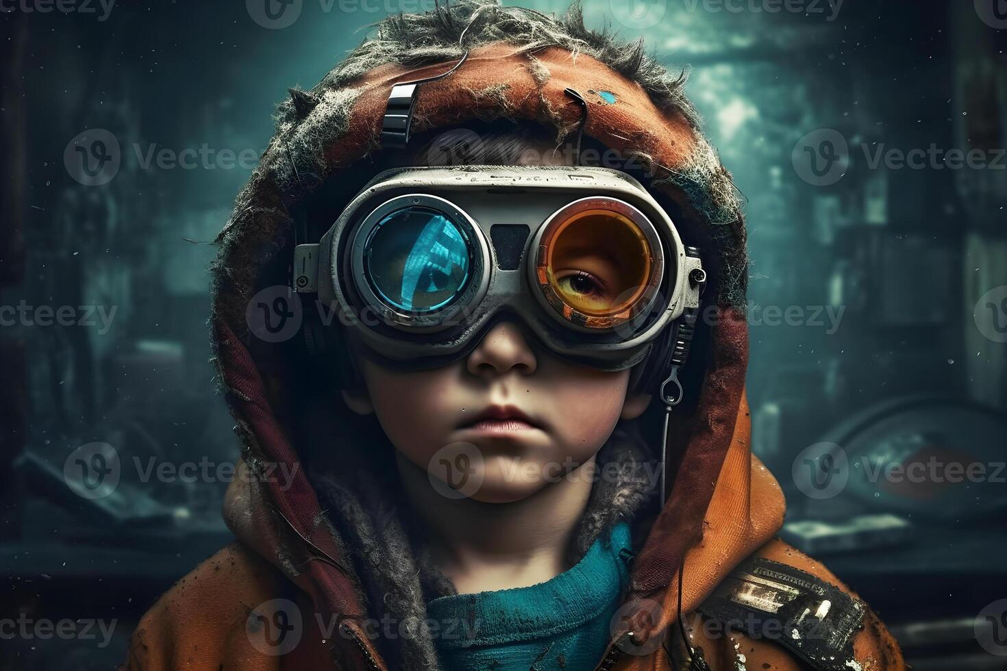 Portrait of a boy in a virtual reality helmet. The concept of virtual reality. photo