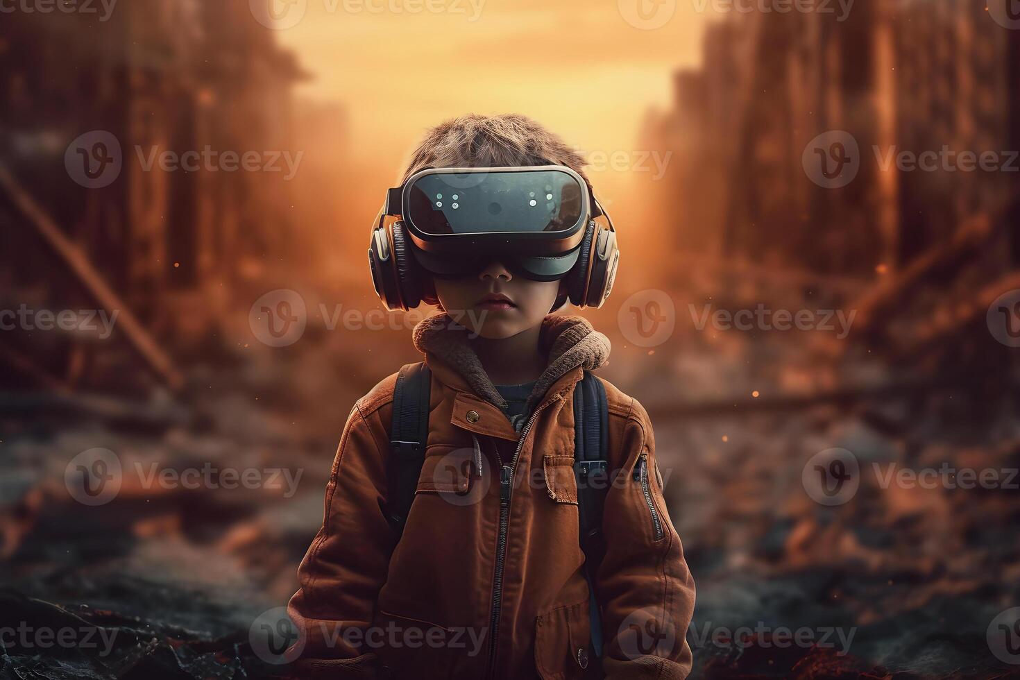 Portrait of a boy in a virtual reality helmet. The concept of virtual reality. photo