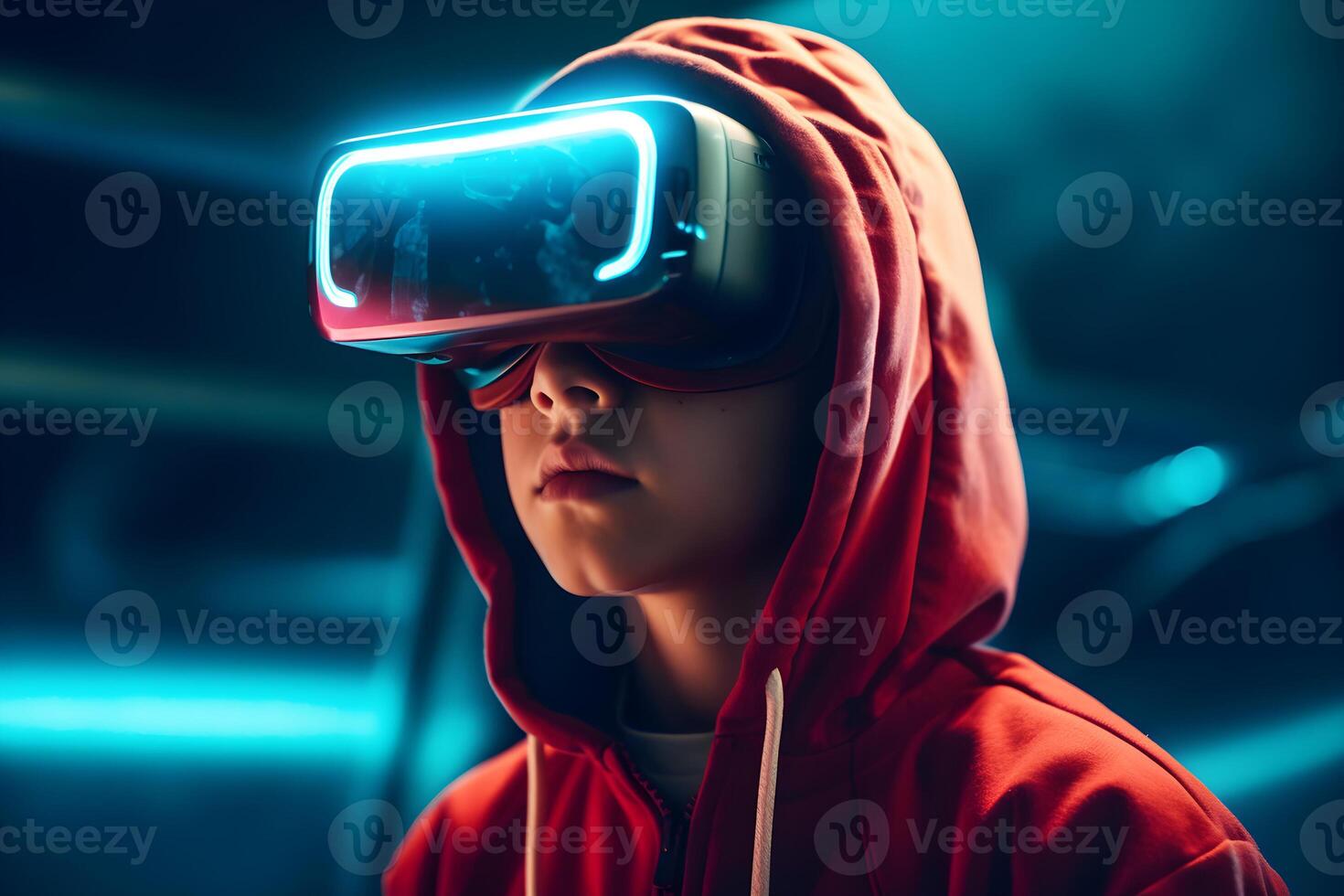 Portrait of a boy in a virtual reality helmet. The concept of virtual reality. photo