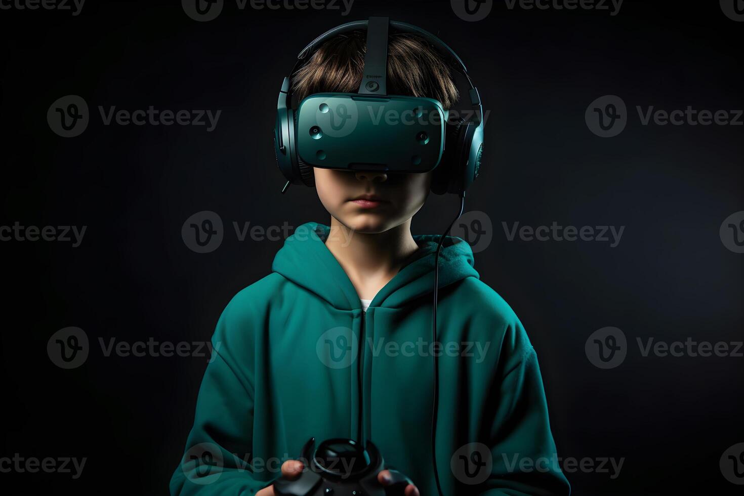 Portrait of a boy in a virtual reality helmet. The concept of virtual reality. photo