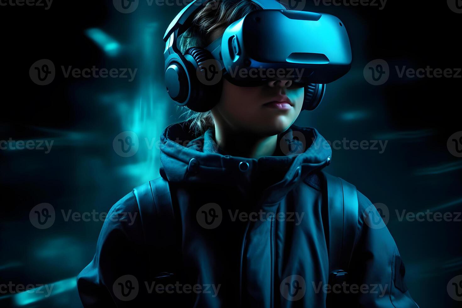 Portrait of a boy in a virtual reality helmet. The concept of virtual reality. photo