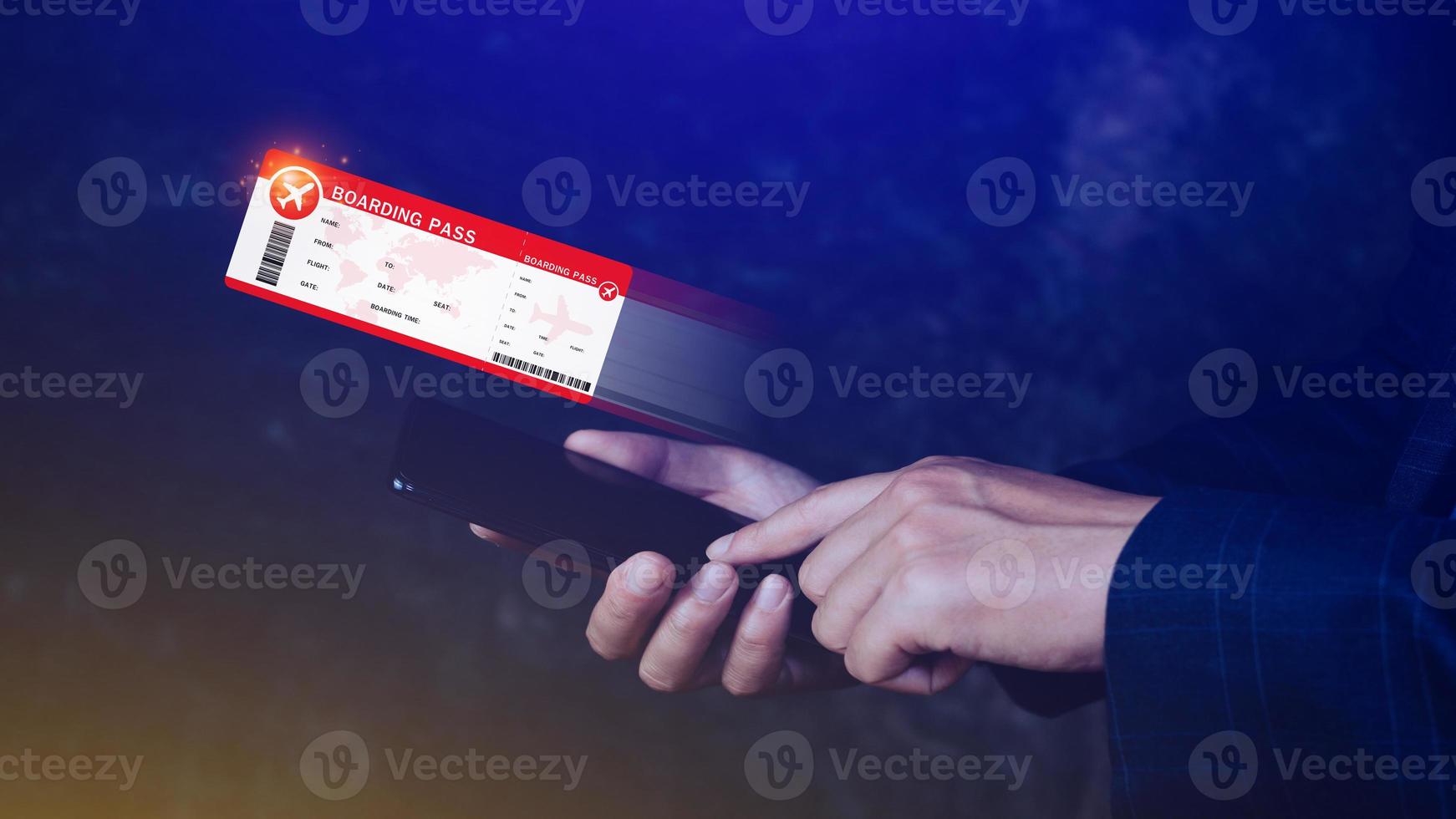 Hand holding boarding pass tickets air travel concept, Choosing checking electronic flight ticket on smartphone. photo