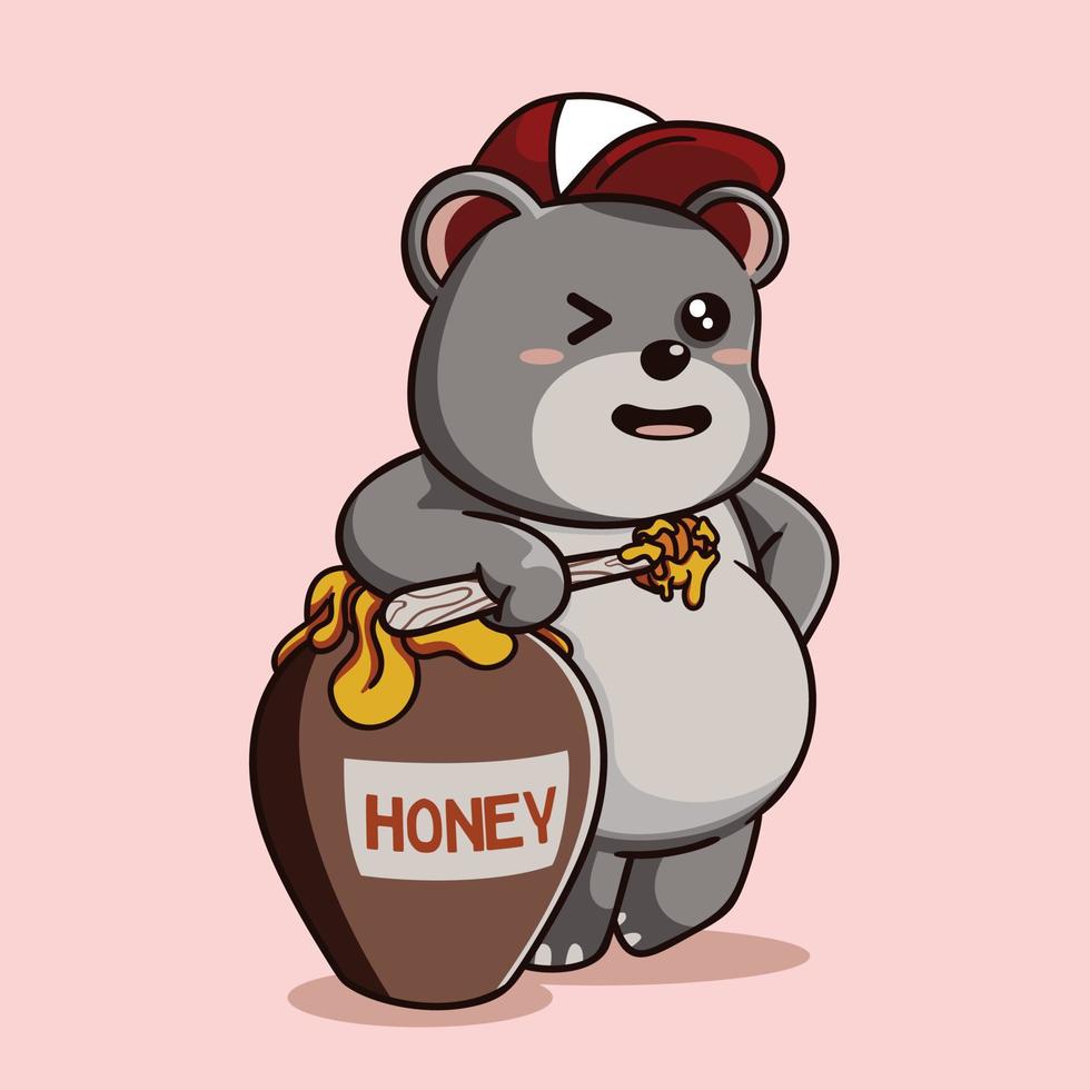 Cute bear with a pot of honey. Vector cartoon illustration.