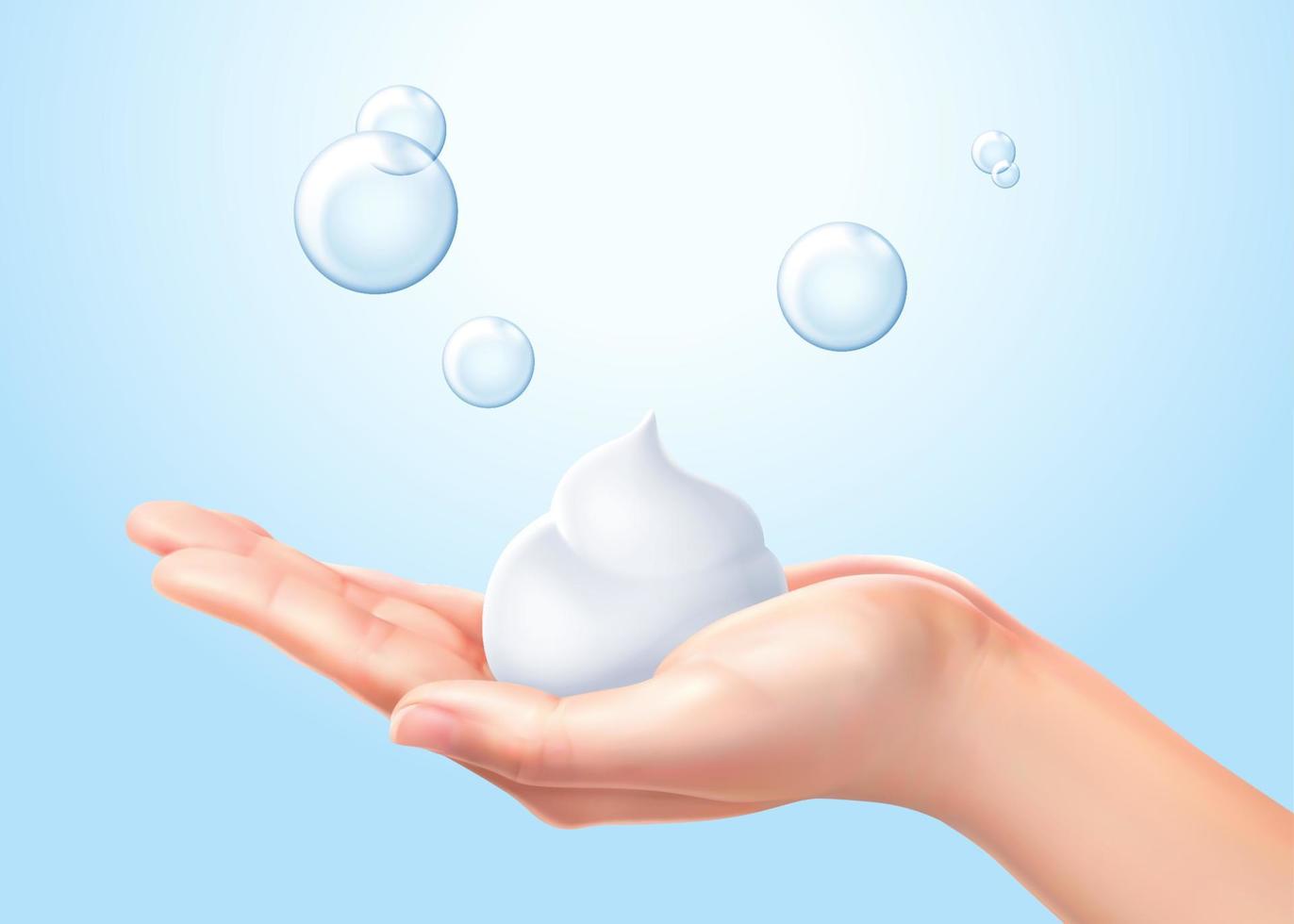 Realistic close up of foam in female hand, isolated on light blue background, 3d illustration vector