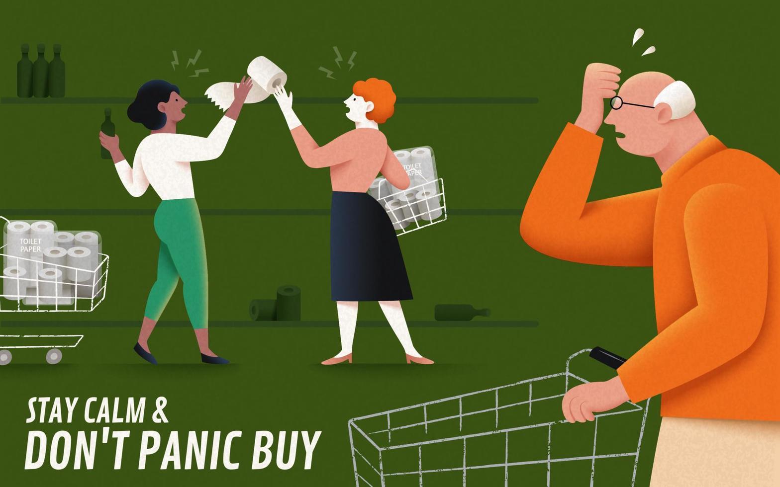 Panic shopping during COVID-19 pandemic, with two women already hoarding a lot of tissue paper but still fighting for the last roll vector
