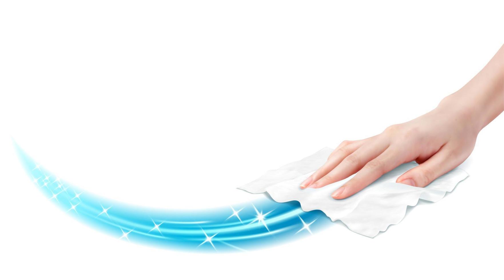 Realistic wet wipes gliding smoothly across the surface with sparkles, effect for hygienic cleaning or disinfecting, 3d illustration vector