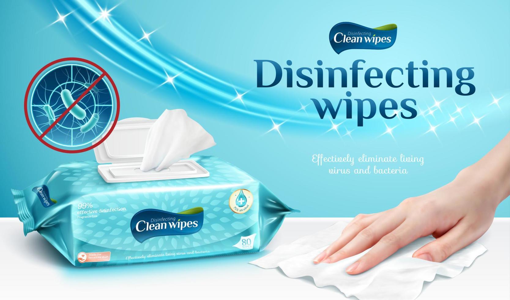 Ad template or package design for cleaning wipes, female hand using wet wipe to clean the table, 3d illustration vector