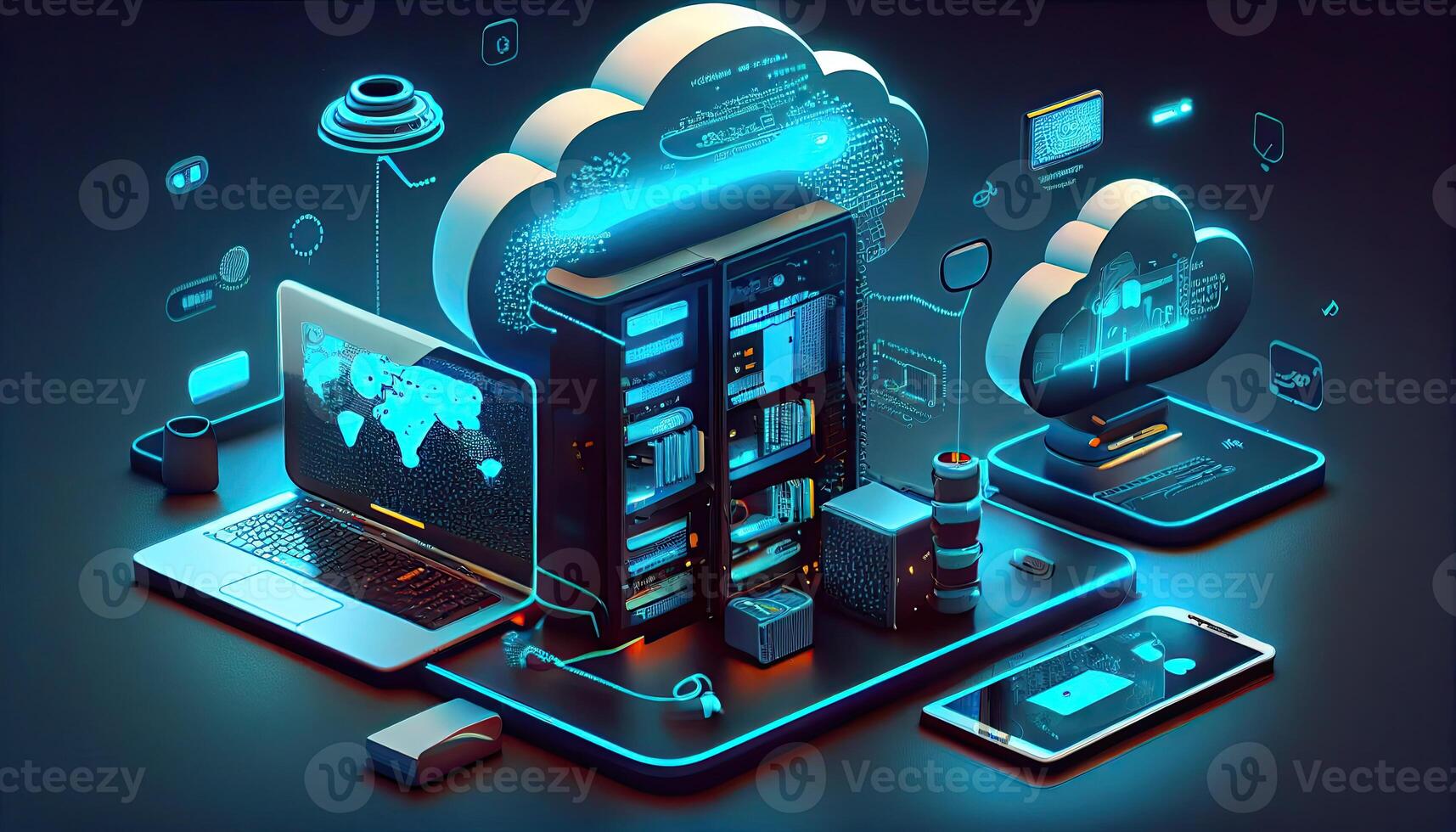 Cloud technology computing Devices connected to digital storage in the data center via the Internet IOT Smart Home Communication laptop tablet phone devices Businessman using Technology photo