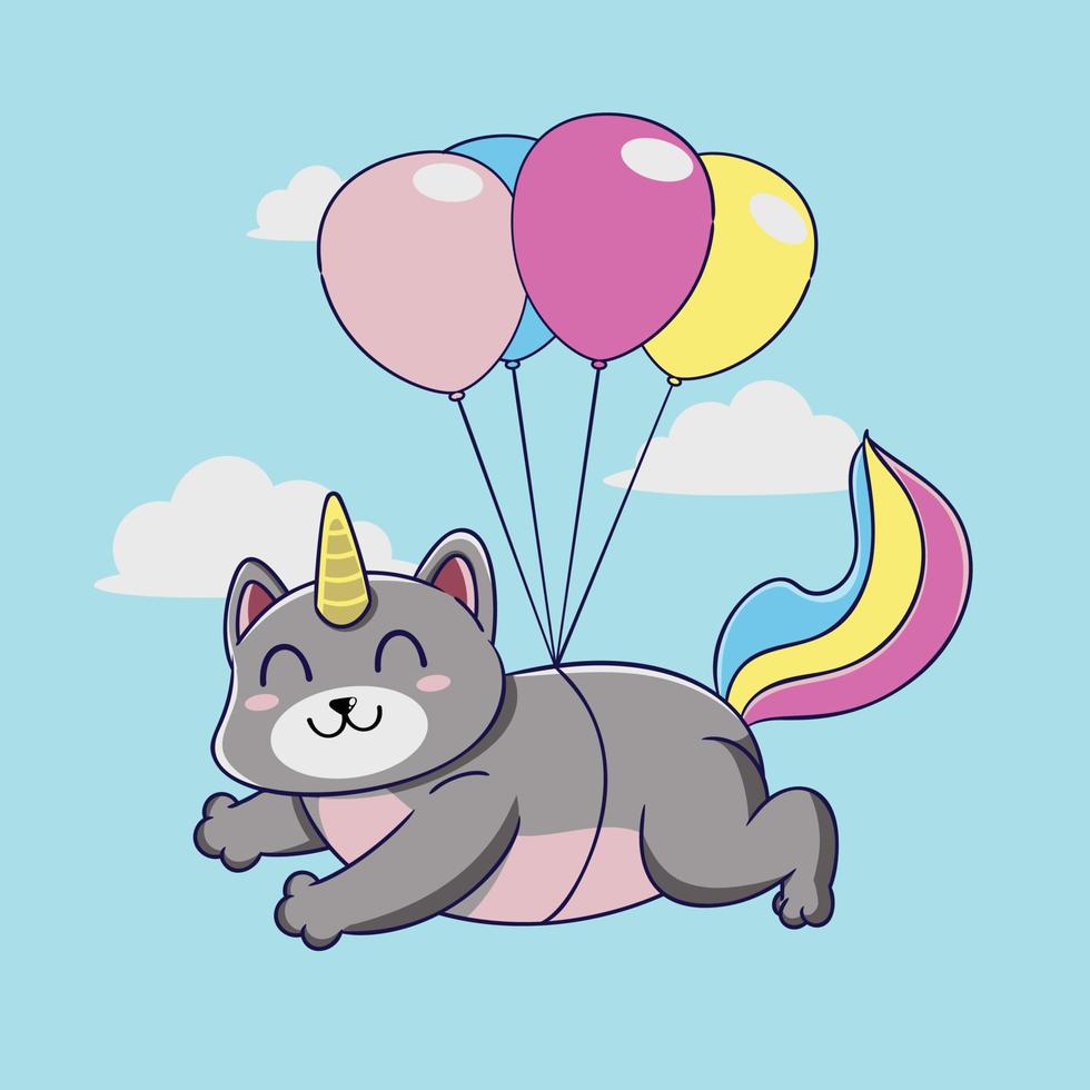 linda gato unicornio con globos helio en el cielo vector ilustración diseño