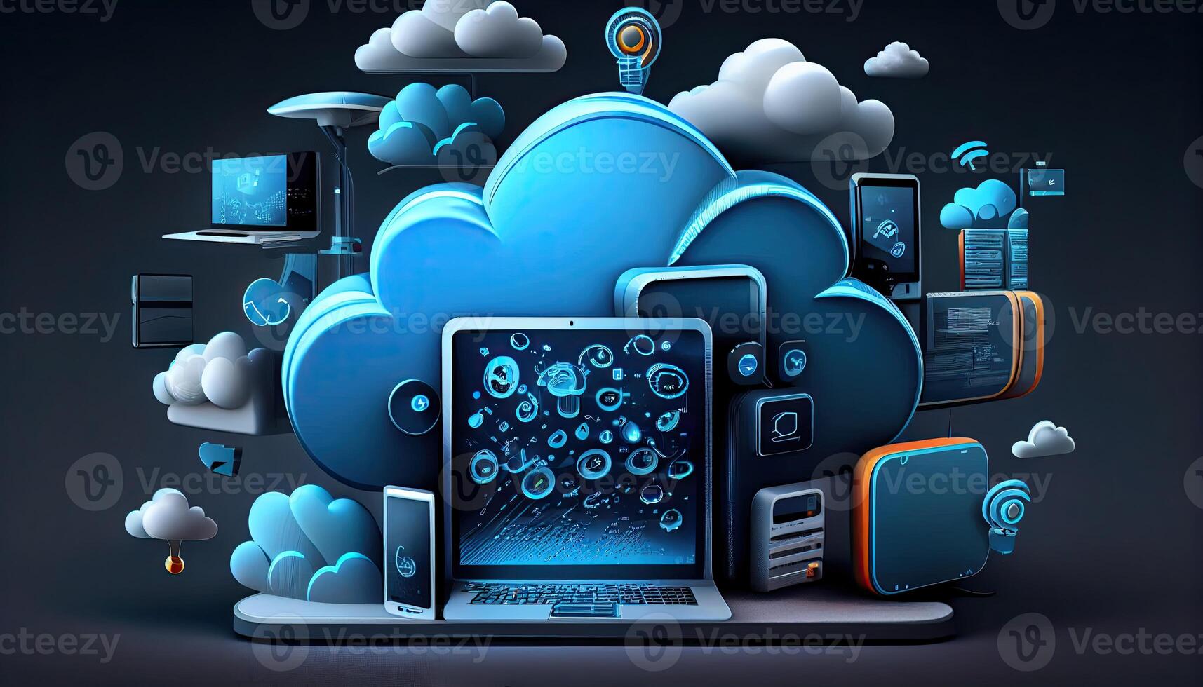 Cloud technology computing Devices connected to digital storage in the data center via the Internet IOT Smart Home Communication laptop tablet phone devices Businessman using Technology photo