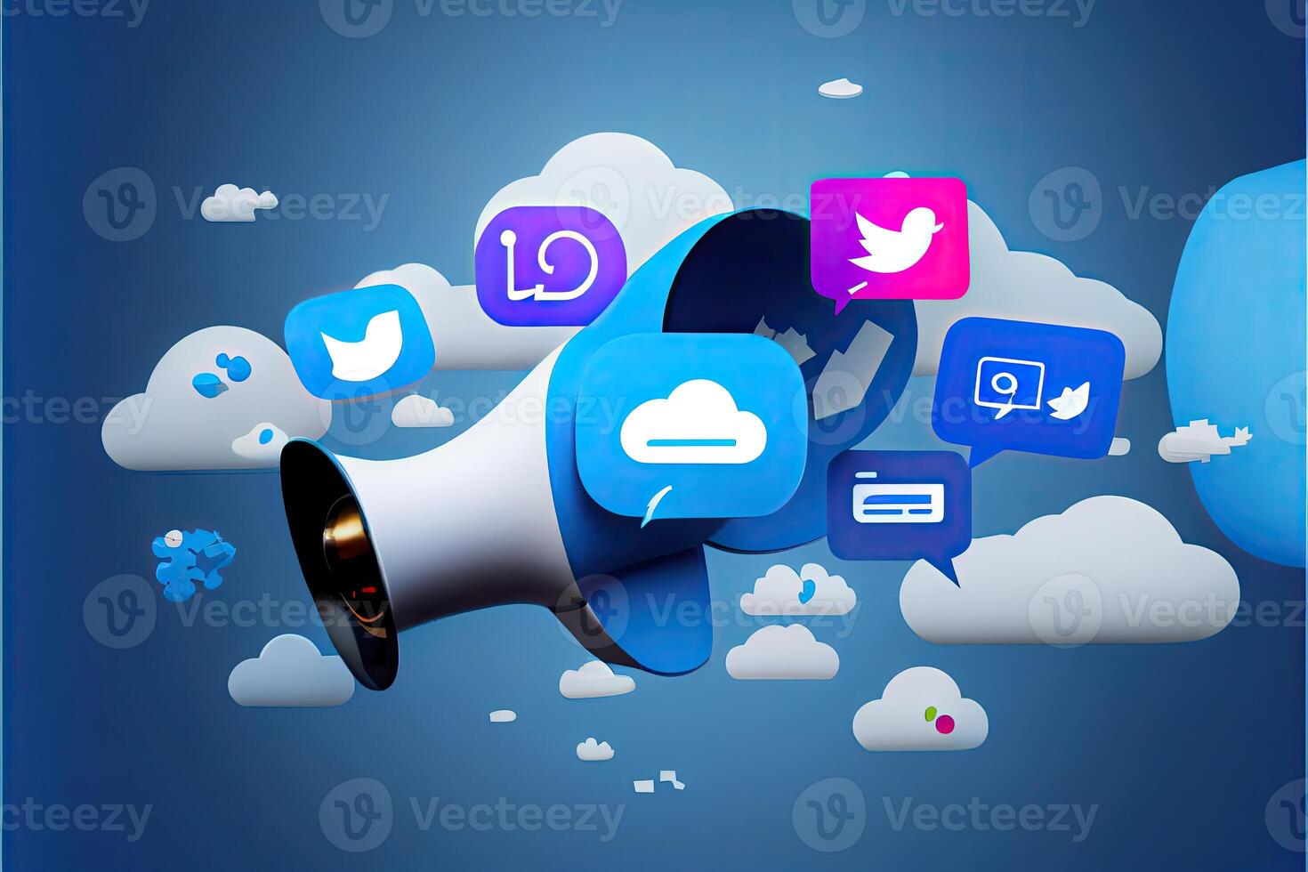 web site article image, material design, dark blue gradient background, megaphone in the left side of image, social networks icon photo