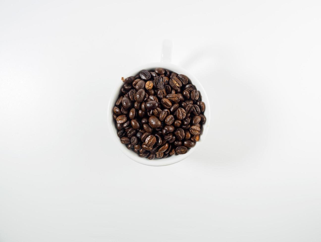 Roasted Arabica coffee beans, ready to make coffee that people like to drink. Placed in a white coffee cup on the background. Looks beautiful and appetizing. Drink. photo