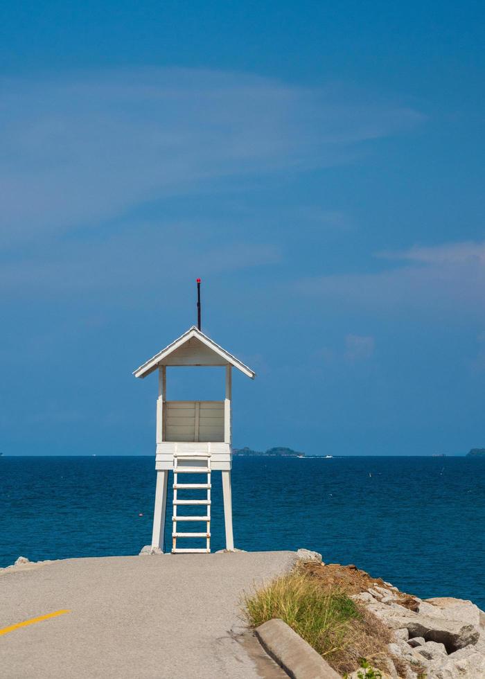 Landscape summer panorama tropical wooden lighthouse sea beach rock blue sky calm Nature ocean Beautiful wave crash splashing water travel Khao Laem Ya Beach, Rayong East thailand  Exotic photo