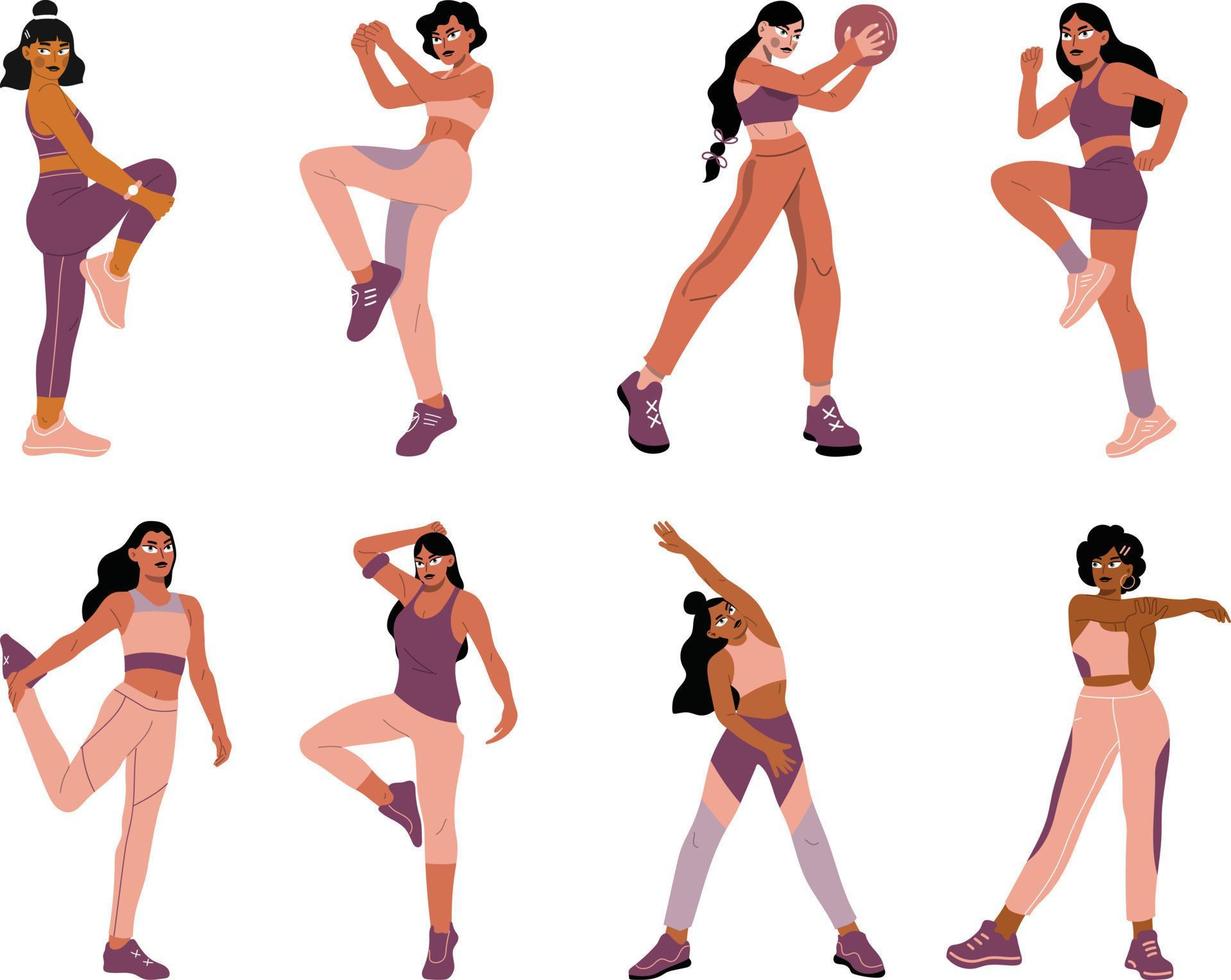 conjunto de diferente mujer en ropa de deporte. vector ilustración en plano estilo