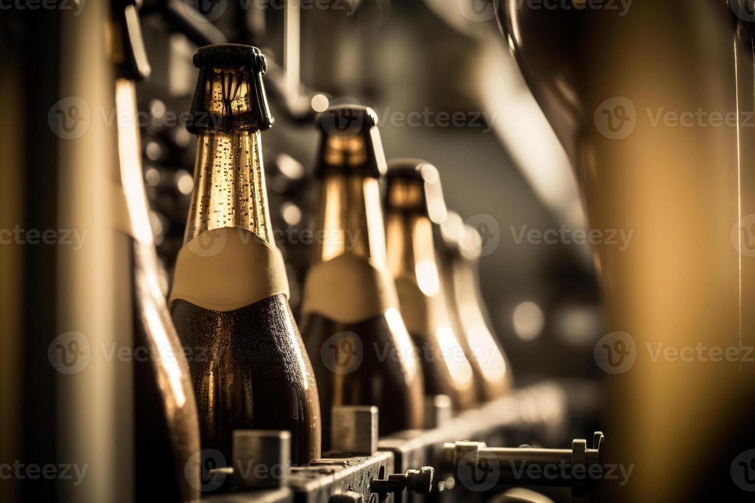 Luxury champagne manufacturing. Champagne bottles on a conveyor belt. photo
