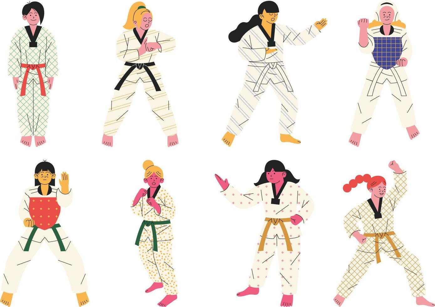 Set of karate poses, vector illustration in flat cartoon style.
