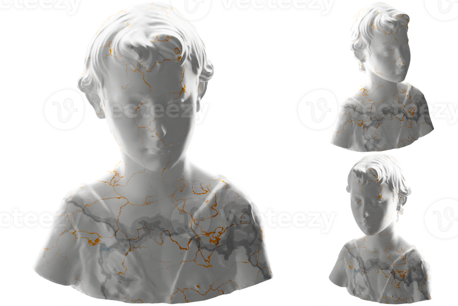 A stunning 3D render of a young John the Baptist statue, white marble stone shimmering gold accents png