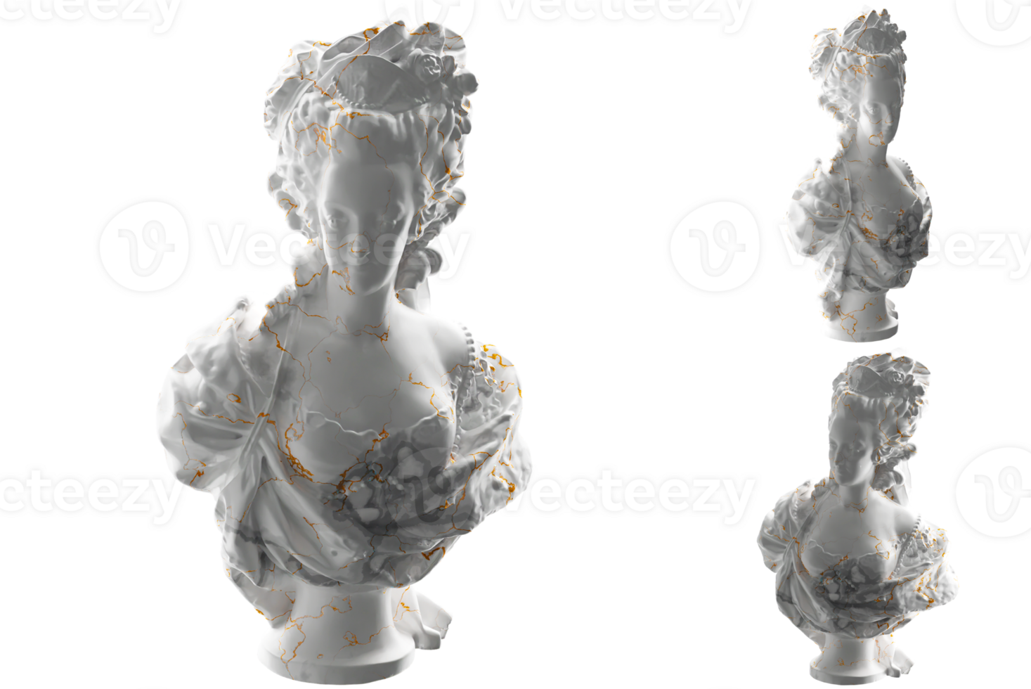 Marble statue of Marie Antoinette with elegant gold accents, perfect for luxury apparel and more png