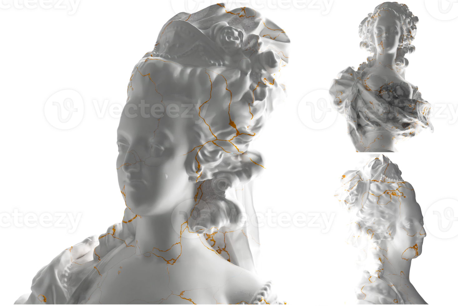 Marble statue of Marie Antoinette with elegant gold accents, perfect for luxury apparel and more png