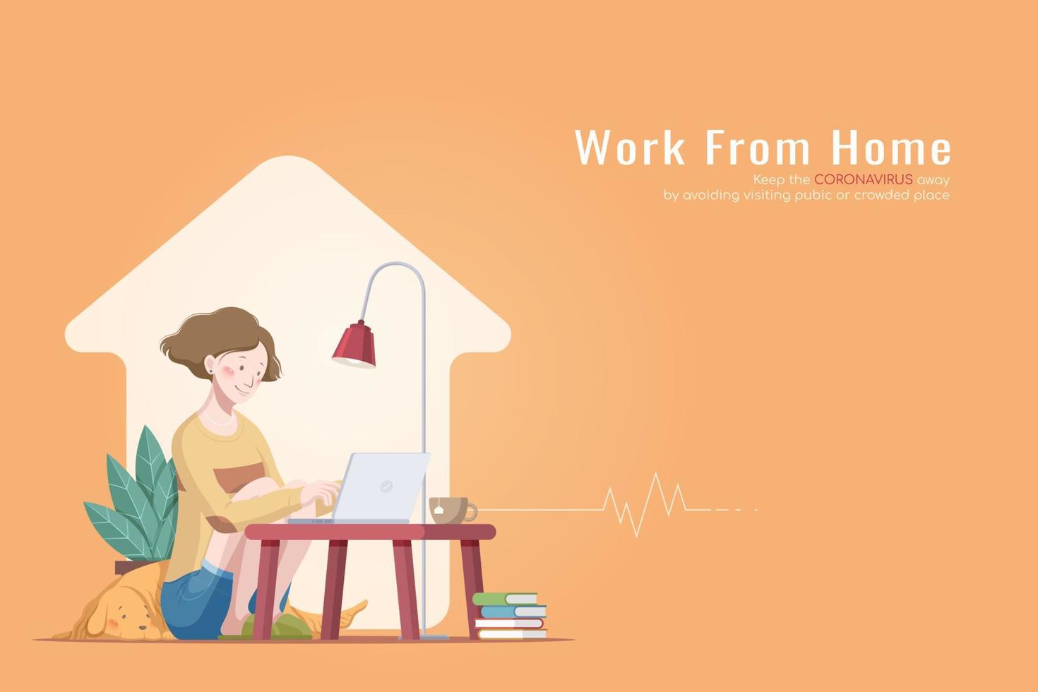 Woman working on laptop at a coffee table with her dog during COVID-19, cozy work from home flat style illustration vector