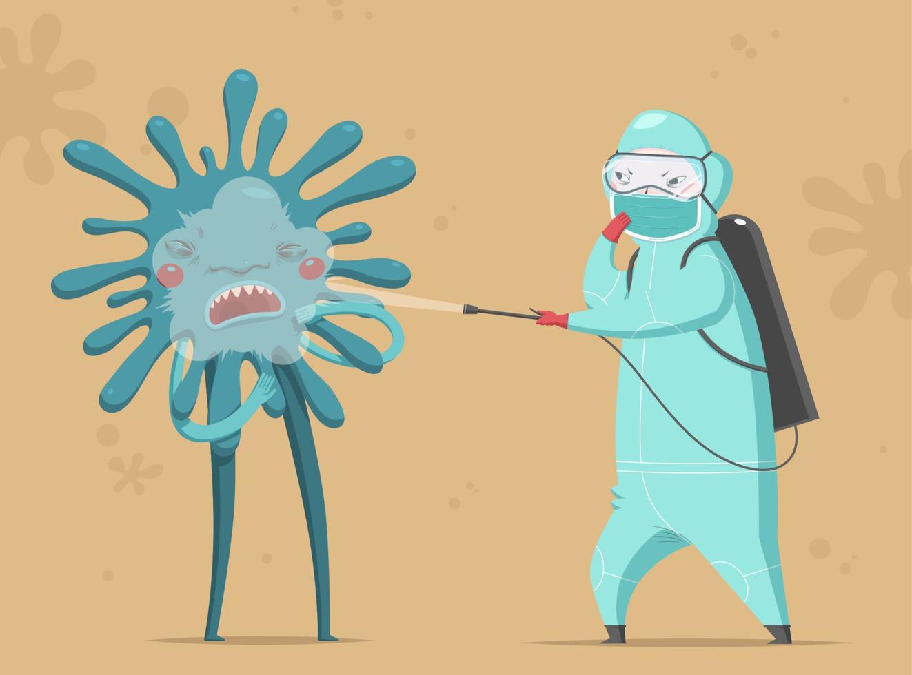 Medical staff in hazmat suit spraying disinfectant toward a green bacteria or virus, cute elements designed in flat style, isolated on mustard yellow background vector