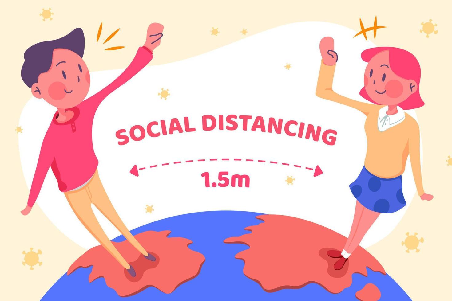 Social distancing flat style illustration with people waving at each other from two remote place on earth vector