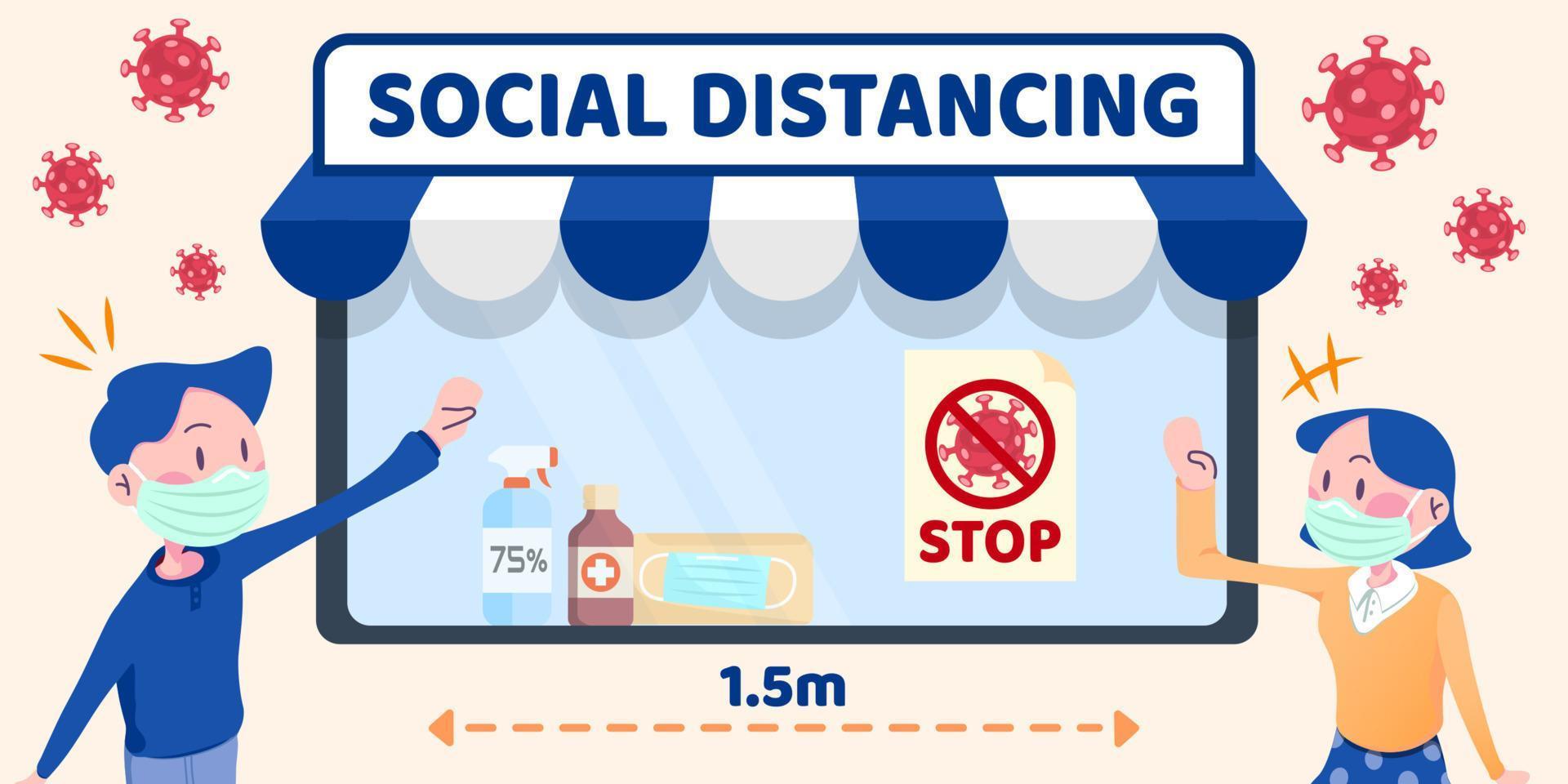 Social distancing flat style illustration with people staying 1.5 meters away and waving at each other vector