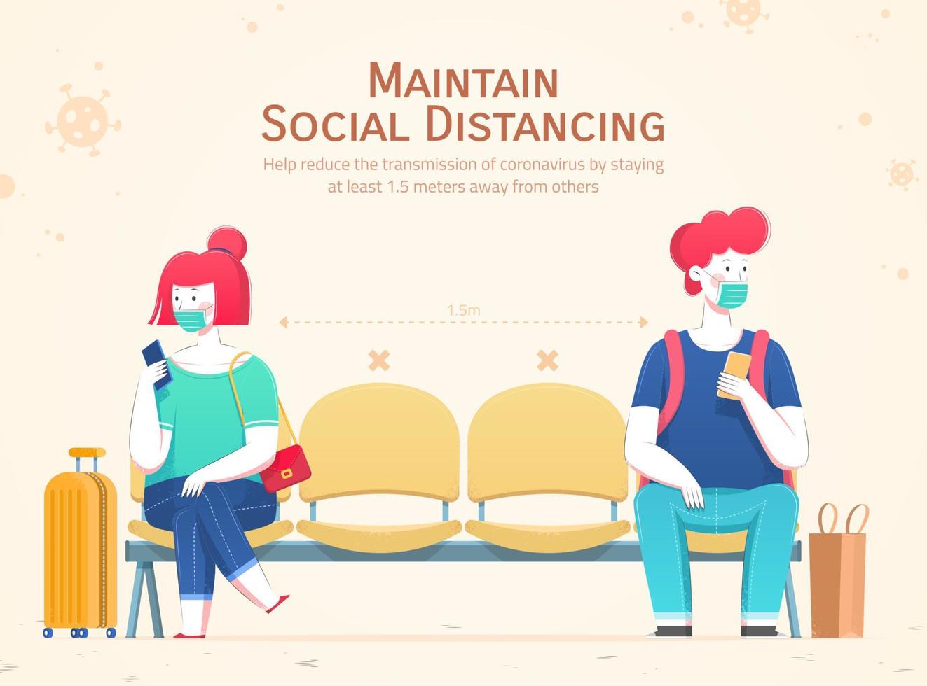 Two characters with face masks keep a distance of 1.5 meters from each other, concept of social distancing in flat style vector