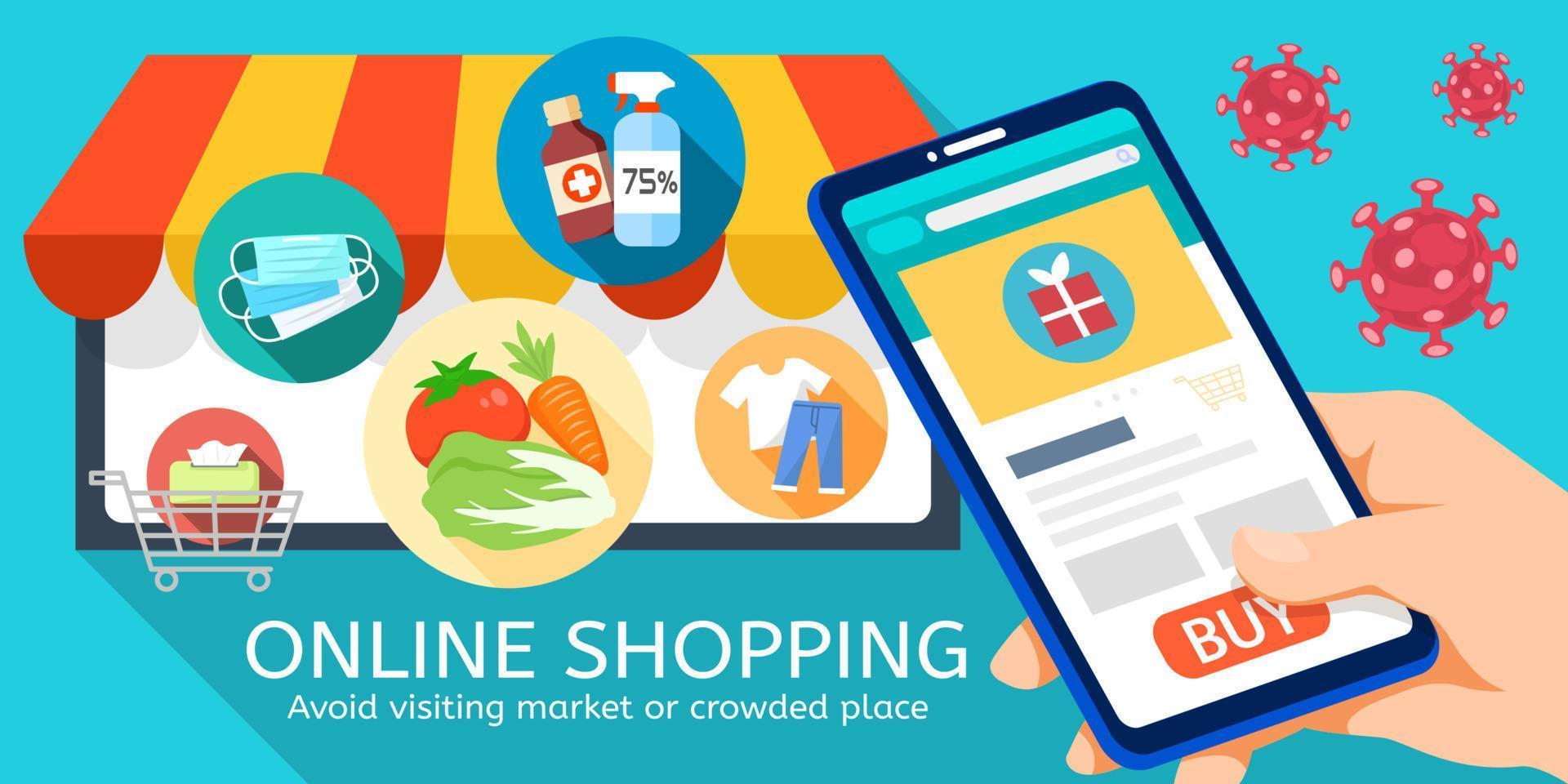 Online shopping flat illustration concept with a hand clicking buy button through smartphone, buy everything online and avoid visiting crowded places during COVID-19 outbreak vector