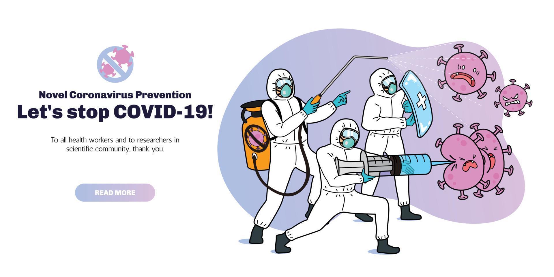 Web banner design for COVID-19 prevention, 3 men in hazmat suit defeating the virus with disinfectant sprayer, syringe and shield vector