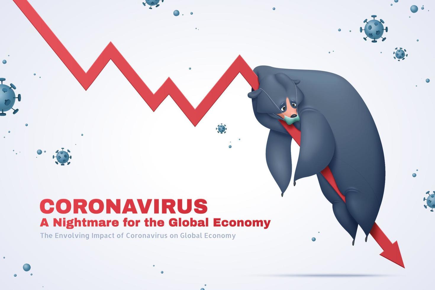 Global stocks plunged into a bear market amid coronavirus outbreak, cartoon style depressed black bear lying on decline arrow with face mask vector