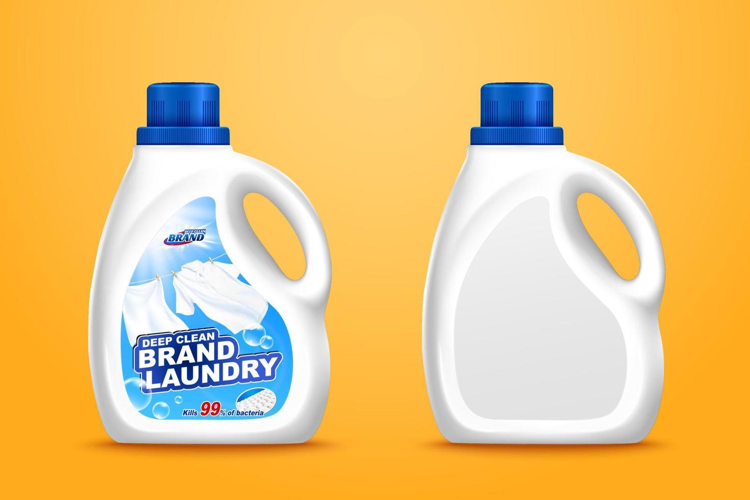 3d illustration laundry detergent bottle mockup set on chrome yellow background, one with label design vector