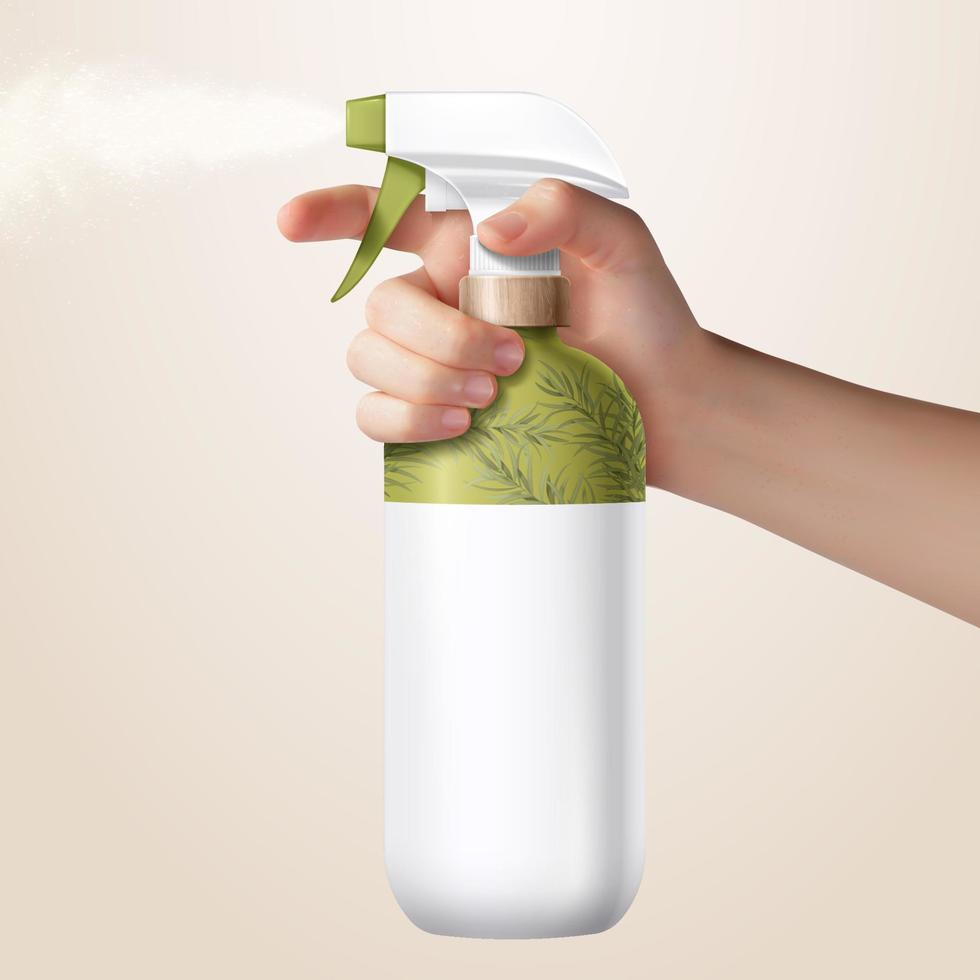 Realistic hand holding grass green trigger spray bottle, isolated on light yellow background, 3d illustration vector